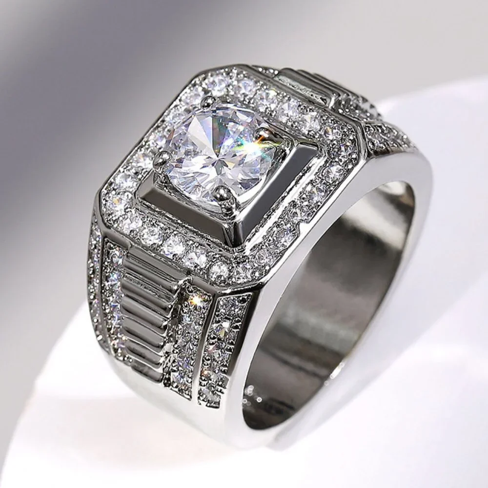 🍁 Fever Square Glitter Zircon Silver Chunky Wedding Rings for Man, PD663